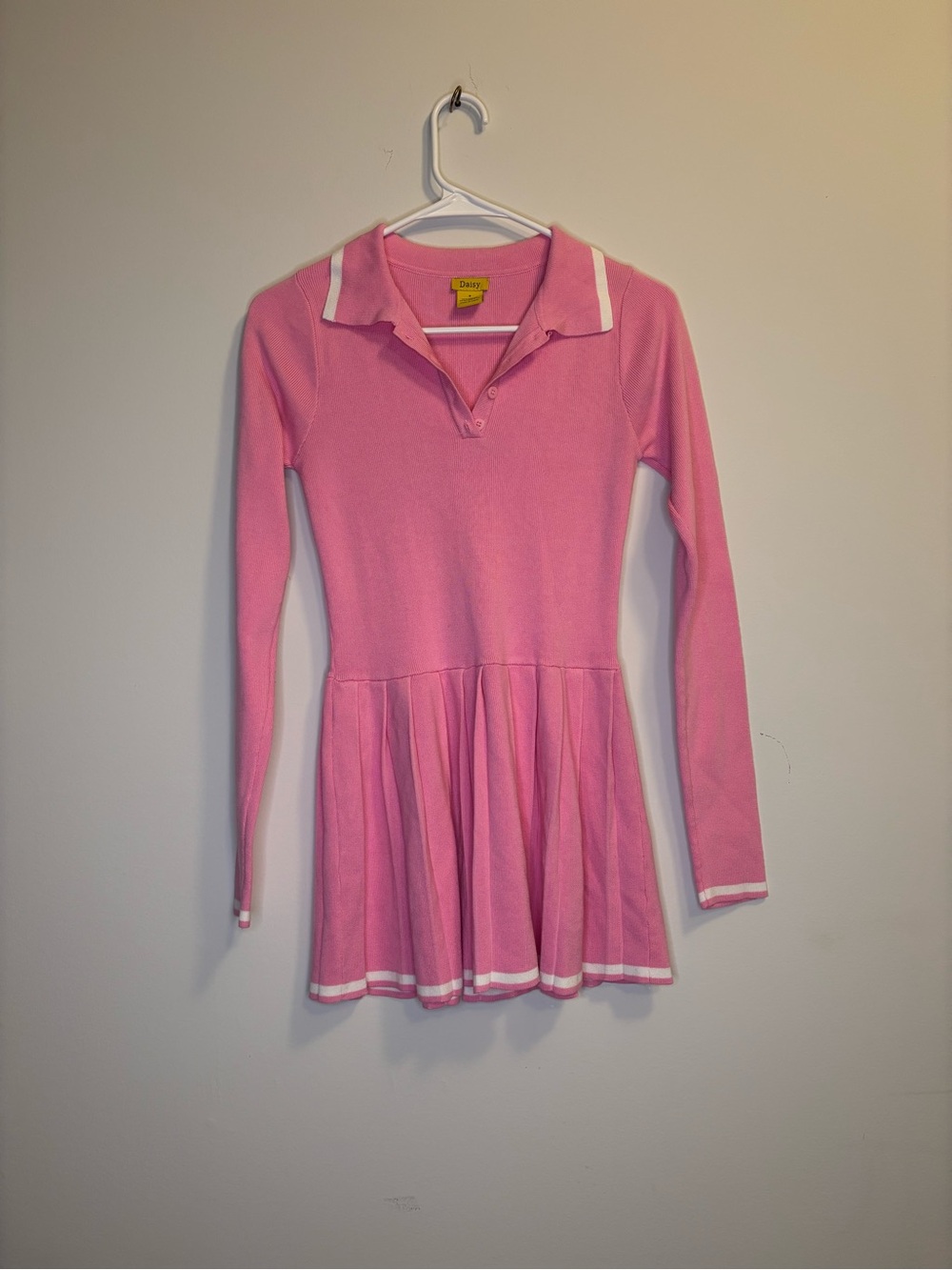 Daisy Pink Long Sleeve Polo Dress with White Trim